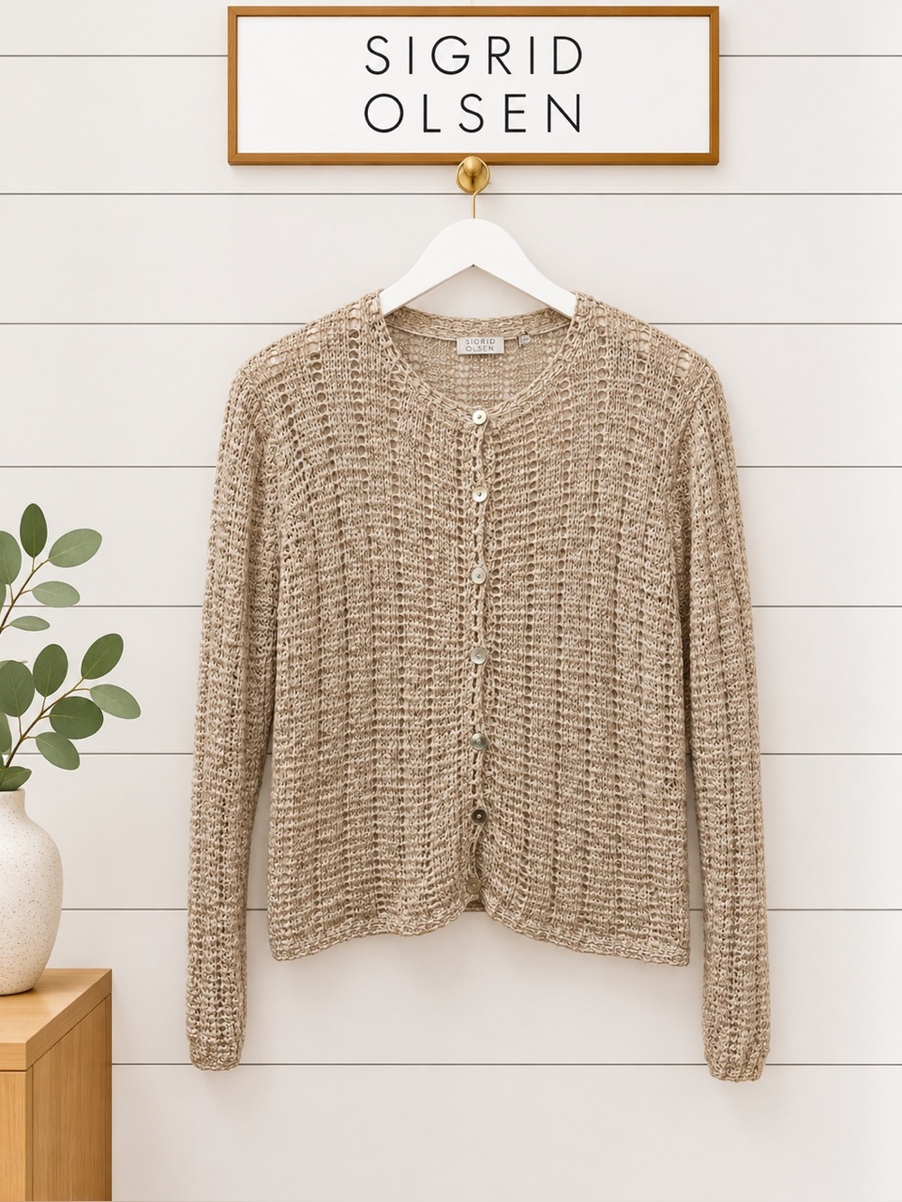 Sigrid Olsen – Open Knit Cardigan – Beige/Taupe – Size M